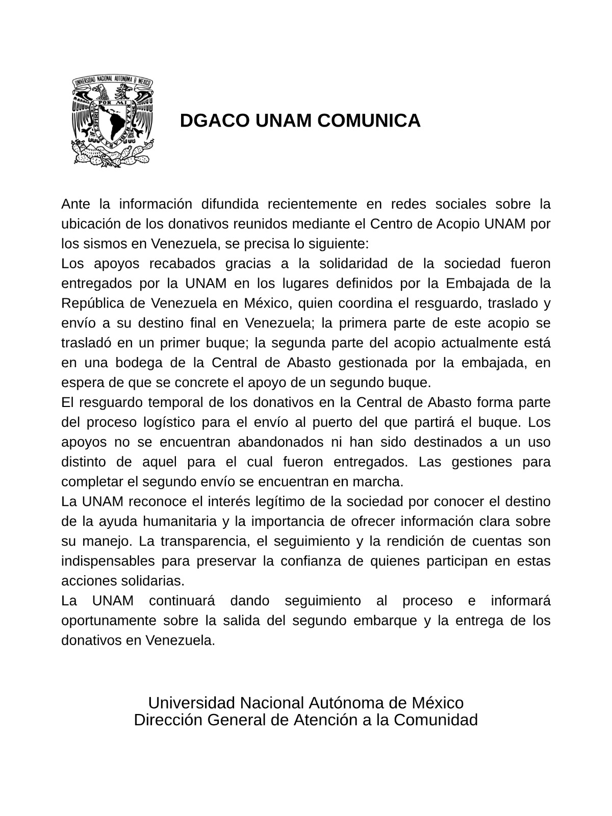 Comunicado de Acopio Venezuela 2026